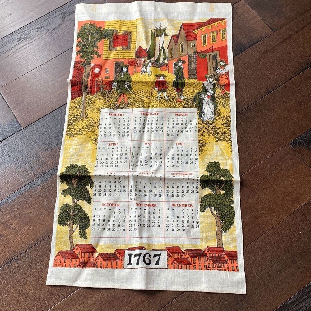 Vintage 1767 dish towel wall hanging calendar primitive farmhouse‎ country